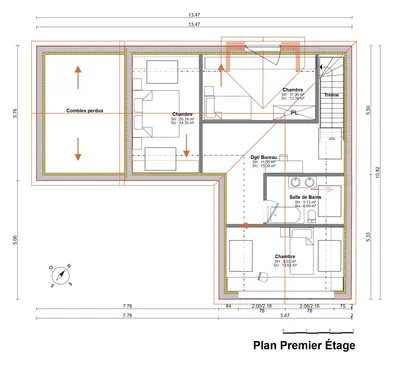 Plan 2D réalisé avec Cedreo du 1er étage d'une maison avec combles aménagés