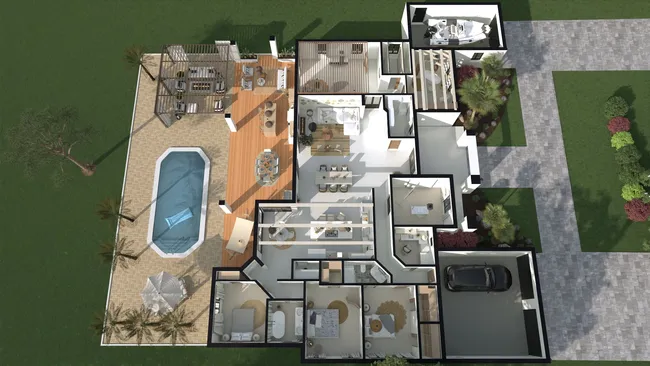 Plan 3D réalisé avec Cedreo d'une maison de plain pied avec jardin