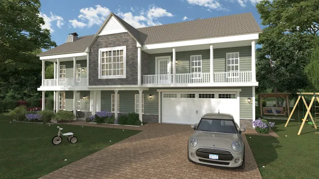 3D render of a colonial house with an addition over the garage generated with Cedreo