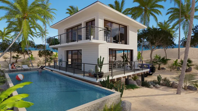 3D render of a modern beach house with flat roof by Cedreo
